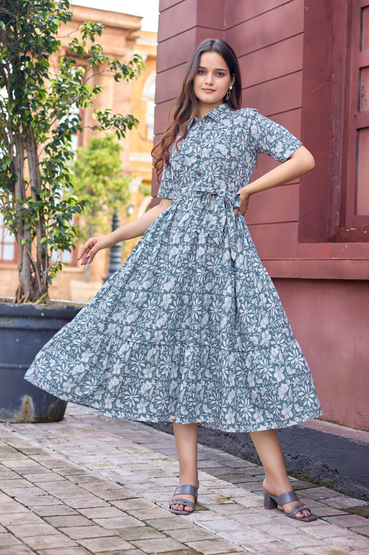 GREY COTTON FLAYRED PRINT KURTI