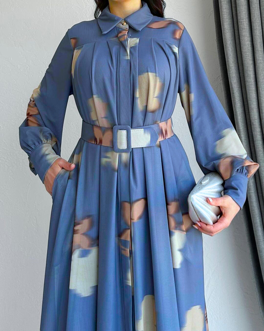 Elegant Grey Pleated Maxi Dress with Floral Print, Belted Waist & Side Pockets