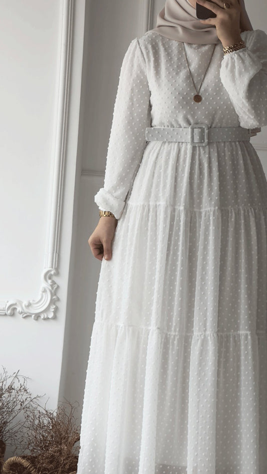 Women's White embellished Maxi Dress with Belt – Full Length 56 Inch