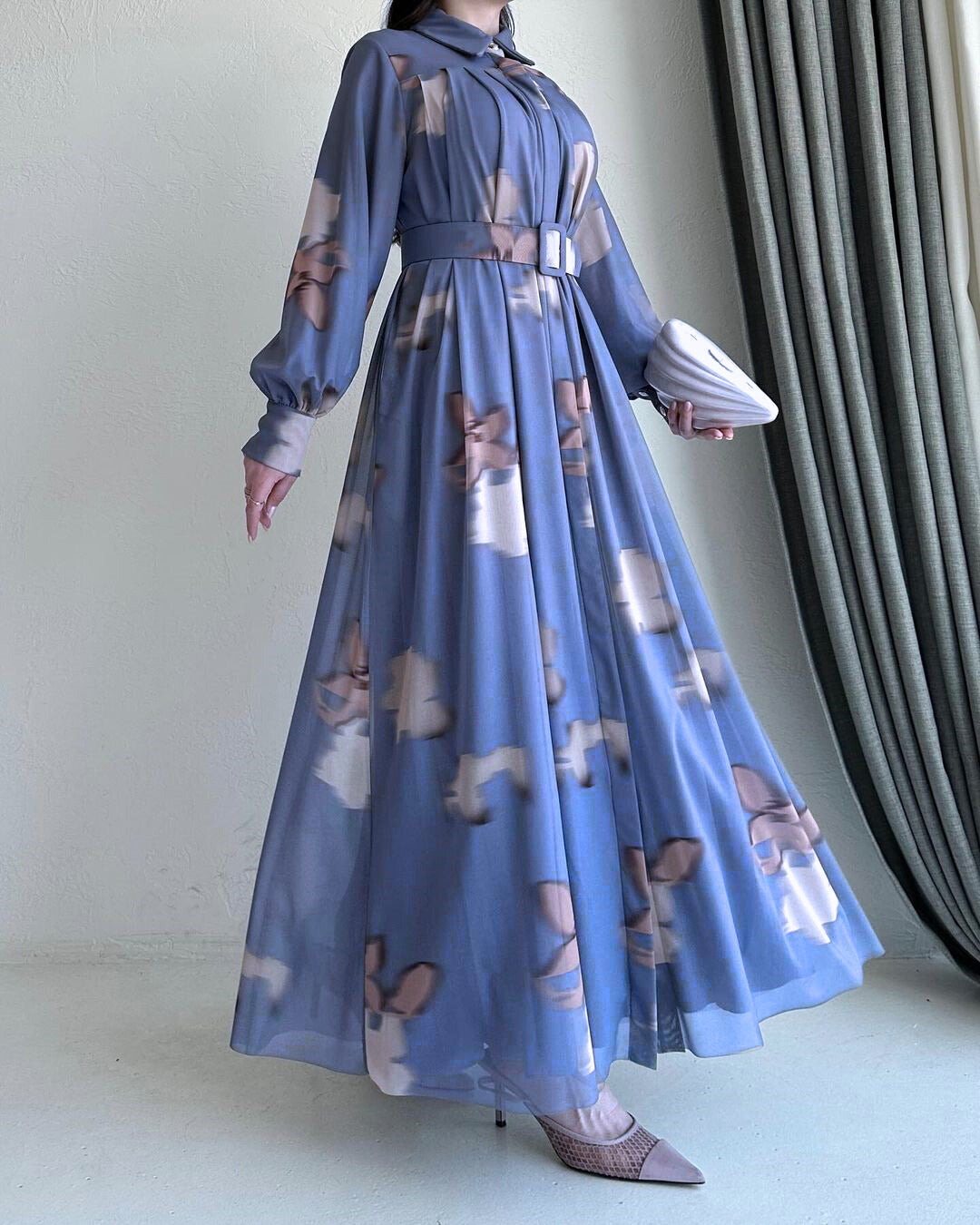 Elegant Grey Pleated Maxi Dress with Floral Print, Belted Waist & Side Pockets