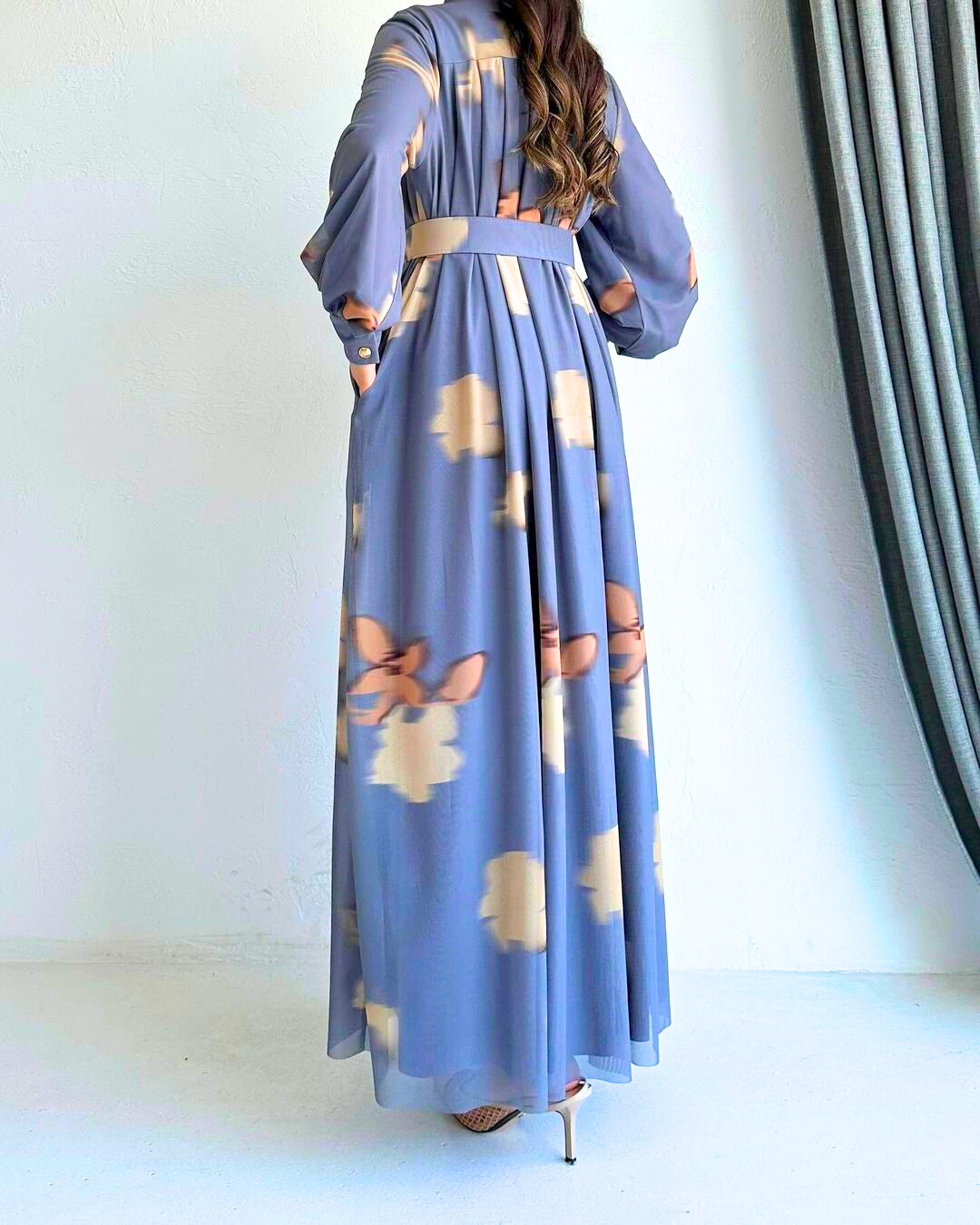 Elegant Grey Pleated Maxi Dress with Floral Print, Belted Waist & Side Pockets