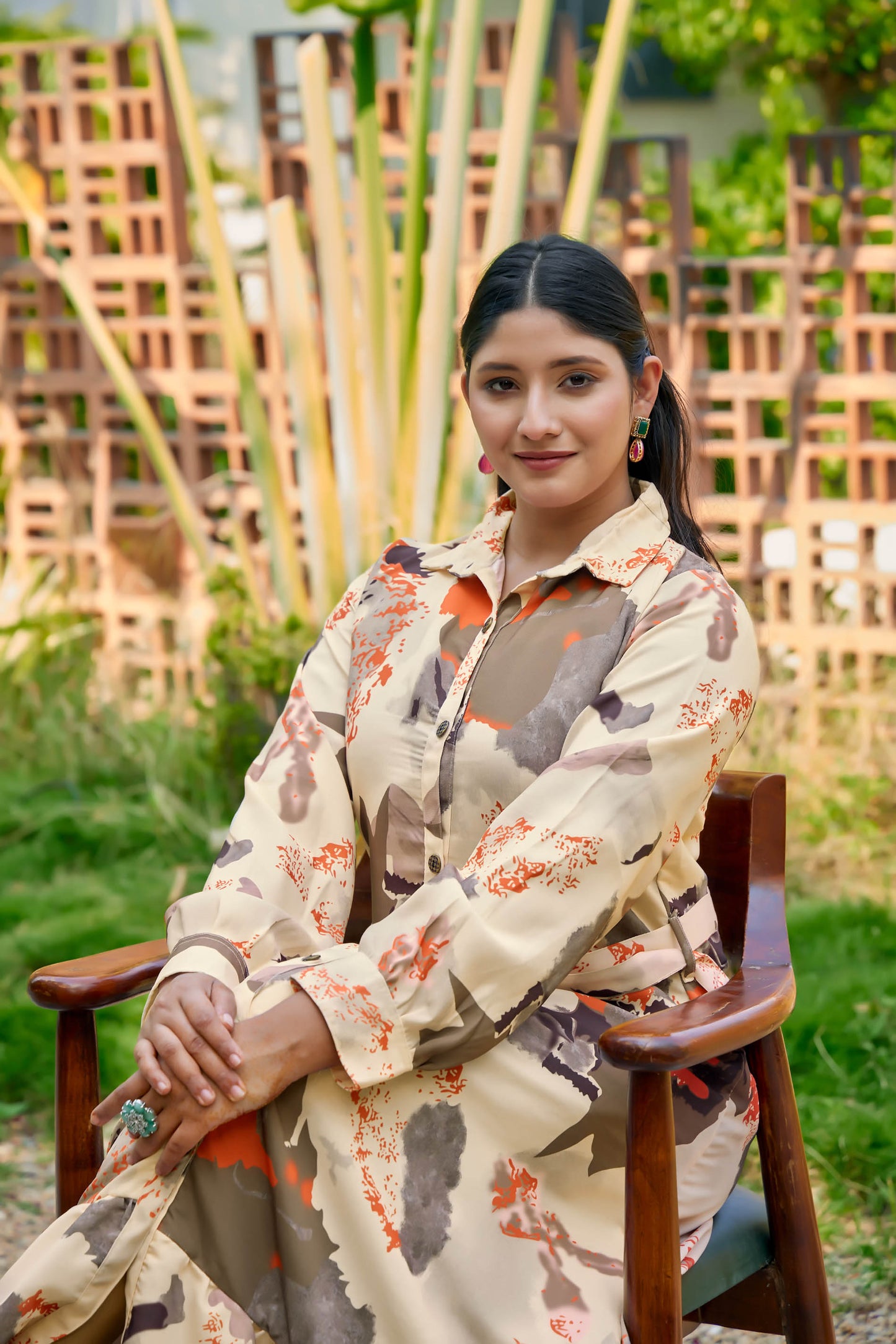 Nida fabric, no transparency, front button open pattern, abstract print, shirt style cuffs, regular sleeve pattern, with belt, front open buttons feeding friendly, without dupatta,s