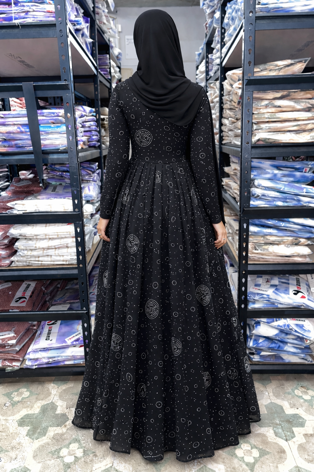 Black Georgette Fabric with Crepe Lining for no Transparency Umbrella Pattern Abaya Diamond Studded Elastic Cuffs Puff Sleeve Pattern Abaya Without Dupatta