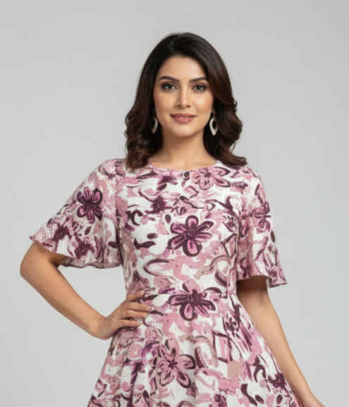 SARINKU PURPLE Cotton fabric no transparency Umbrella Pattern Floral Print flutter sleeve
