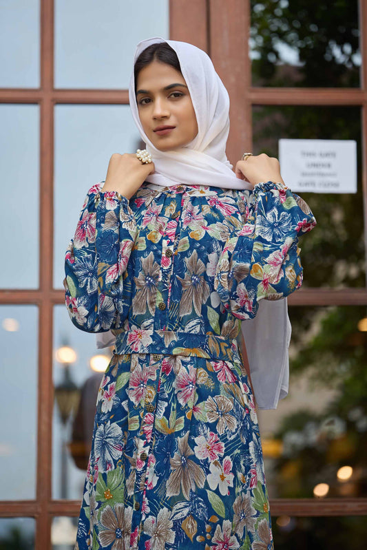 Women’s Floral Printed Maxi Dress | Long Sleeve Button Down Gown with Belt | Stylish Casual & Party Wear