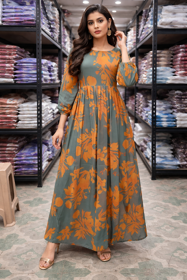 SARINKU Mehndi Orange Georgette Fabric with crepe lining for no transparency Umbrella Pattern Floral Print Bishop Sleeves with Elastic Cuffs Puff Sleeve Pattern Without Dupatta