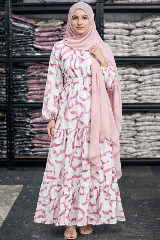 SARINKU WHITE&amp;PINK Georgette Fabric with crepe lining for no transparency Umbrella Pattern Floral Print Bishop Sleeves with Elastic Cuffs Puff Sleeve Pattern Without Belt Without Dupatta