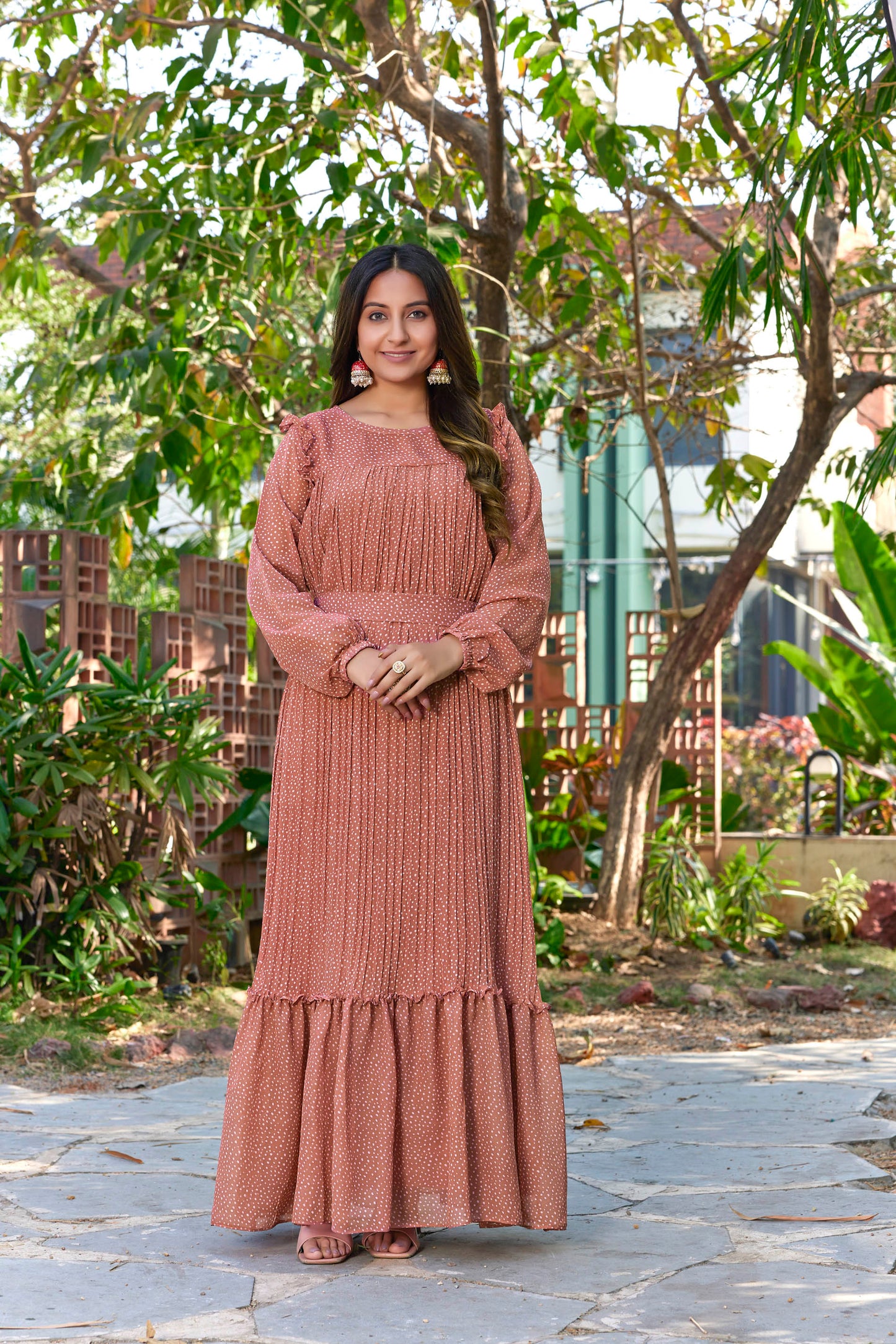 Sarinku Rust Peach Georgette Fabric with Crepe lining for no transparency Frill Pattern Polka Dots Print Bishop Sleeves with Elastic Cuffs Balloon Sleeve Pattern with Belt Without Dupatta