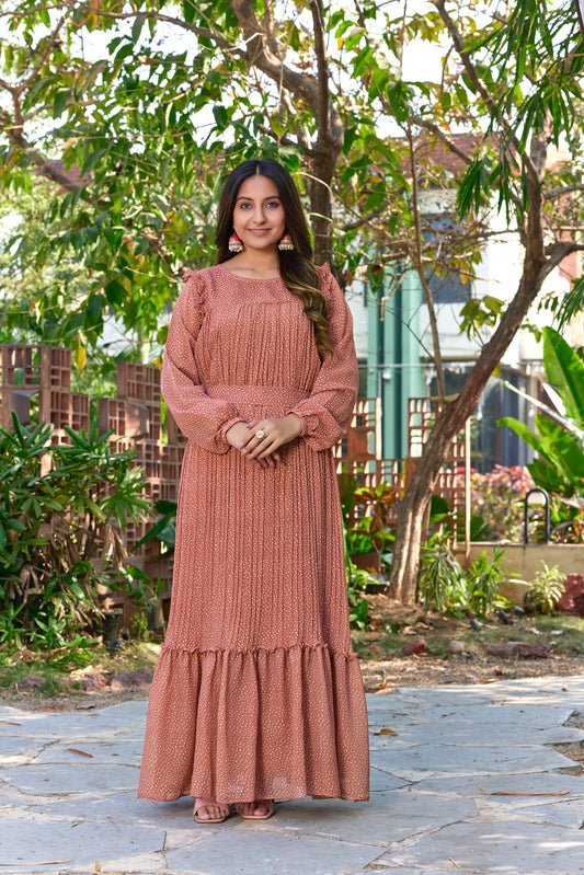 Sarinku Rust Peach Georgette Fabric with Crepe lining for no transparency Frill Pattern Polka Dots Print Bishop Sleeves with Elastic Cuffs Balloon Sleeve Pattern with Belt Without Dupatta