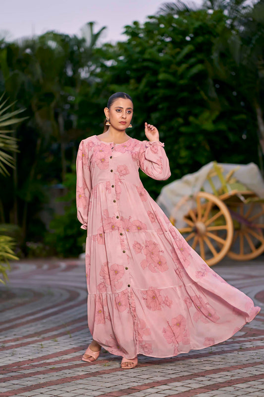Women’s Pink Floral Printed Georgette Maxi Dress with Front Buttons