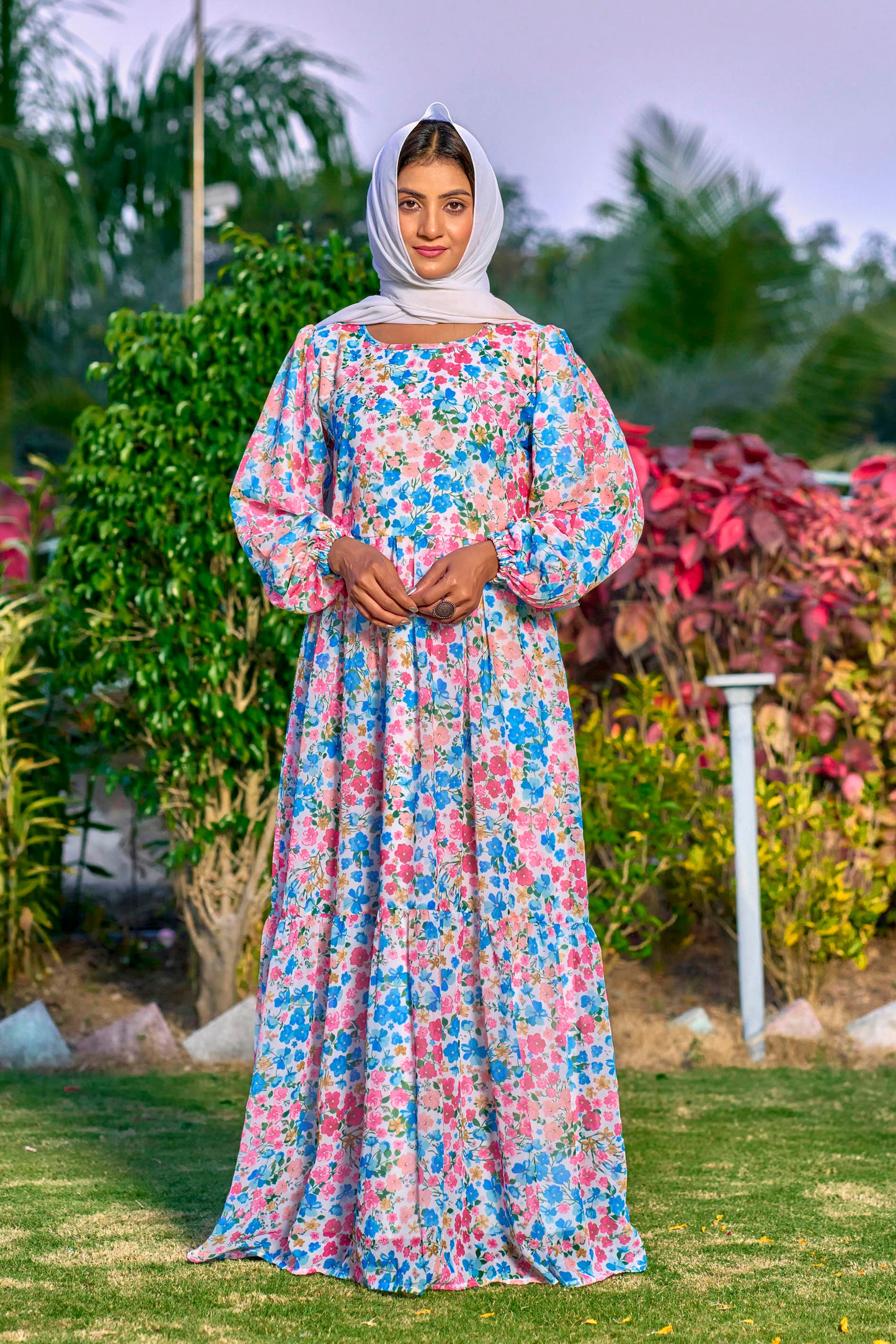 Georgette Fabric, with crape lining for no transparency, Frill Pattern, Floral Print, Bishop Sleeves with Elastic Cuffs, Puff Sleeve Pattern, Without Dupatta,