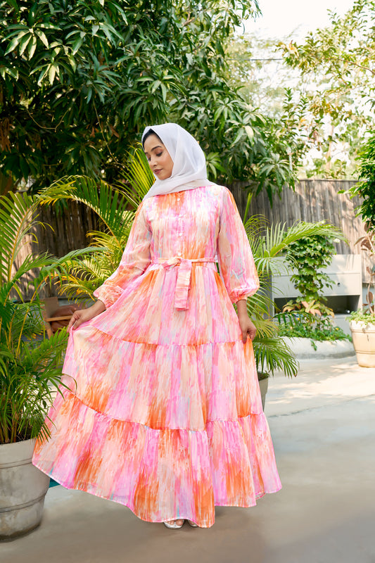 SARINKU Multi color Georgette Fabric with crepe lining for no transparency Frill Pattern Abstract Print Bishop Sleeves with Elastic Cuffs Puff Sleeve Pattern with Belt Front Open Buttons Feeding Friendly Without Dupatta