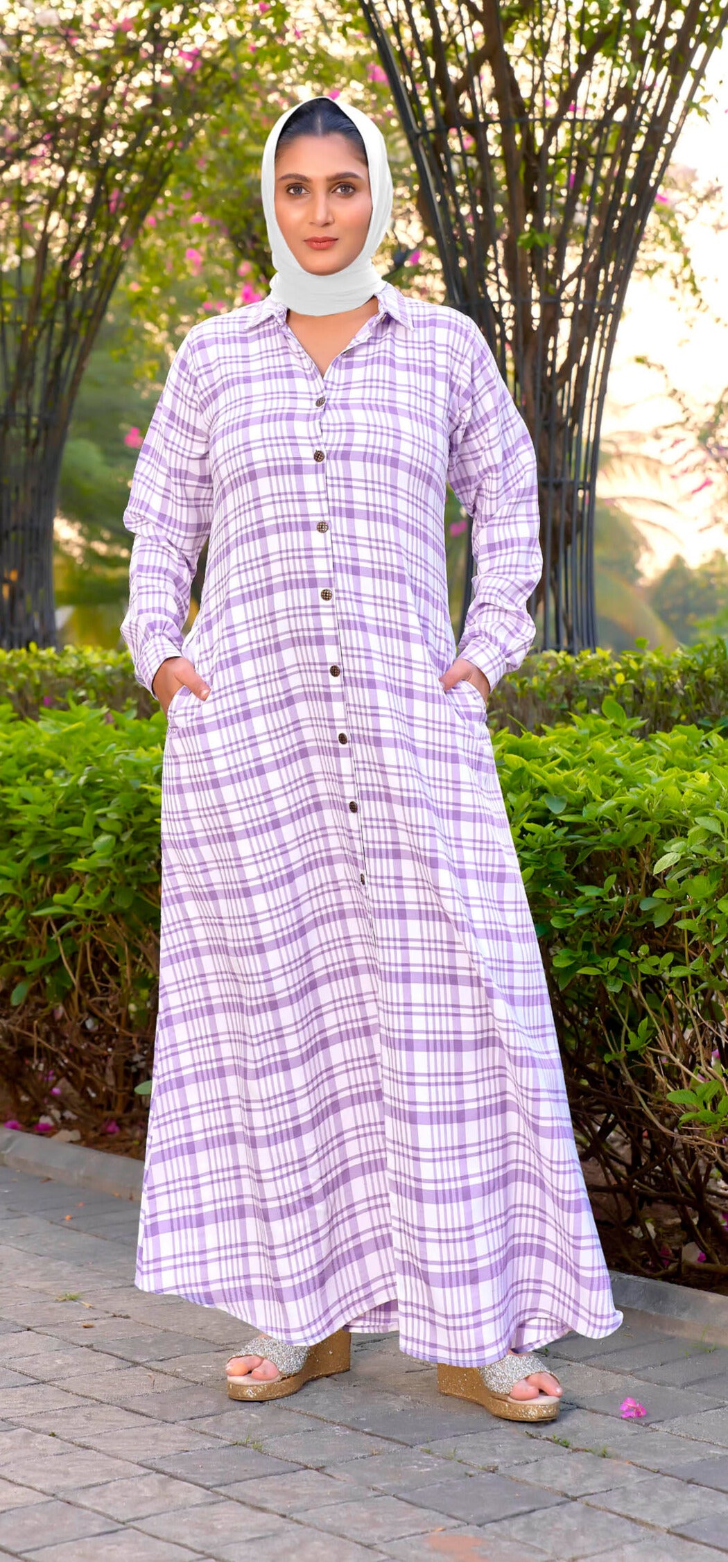 SARINKU Purple Cotton fabric no transparency Front Button Open Pattern Chex Print Shirt Style Cuffs Balloon Sleeve Pattern With Pocket Without Dupatta