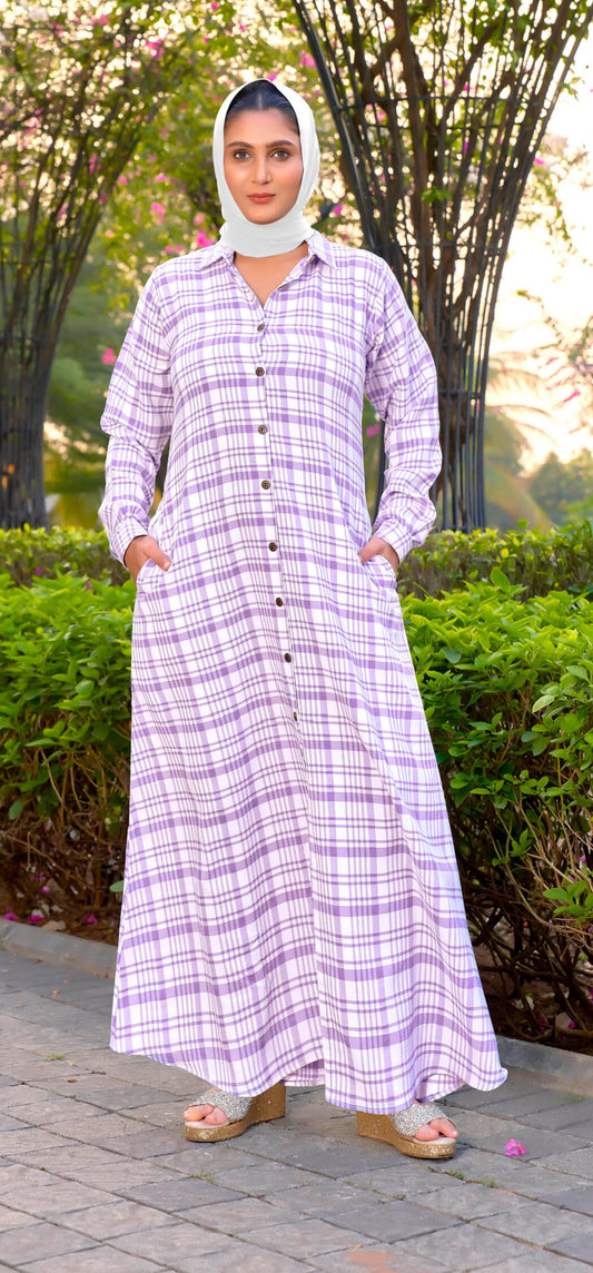 SARINKU Purple Cotton fabric no transparency Front Button Open Pattern Chex Print Shirt Style Cuffs Balloon Sleeve Pattern With Pocket Without Dupatta