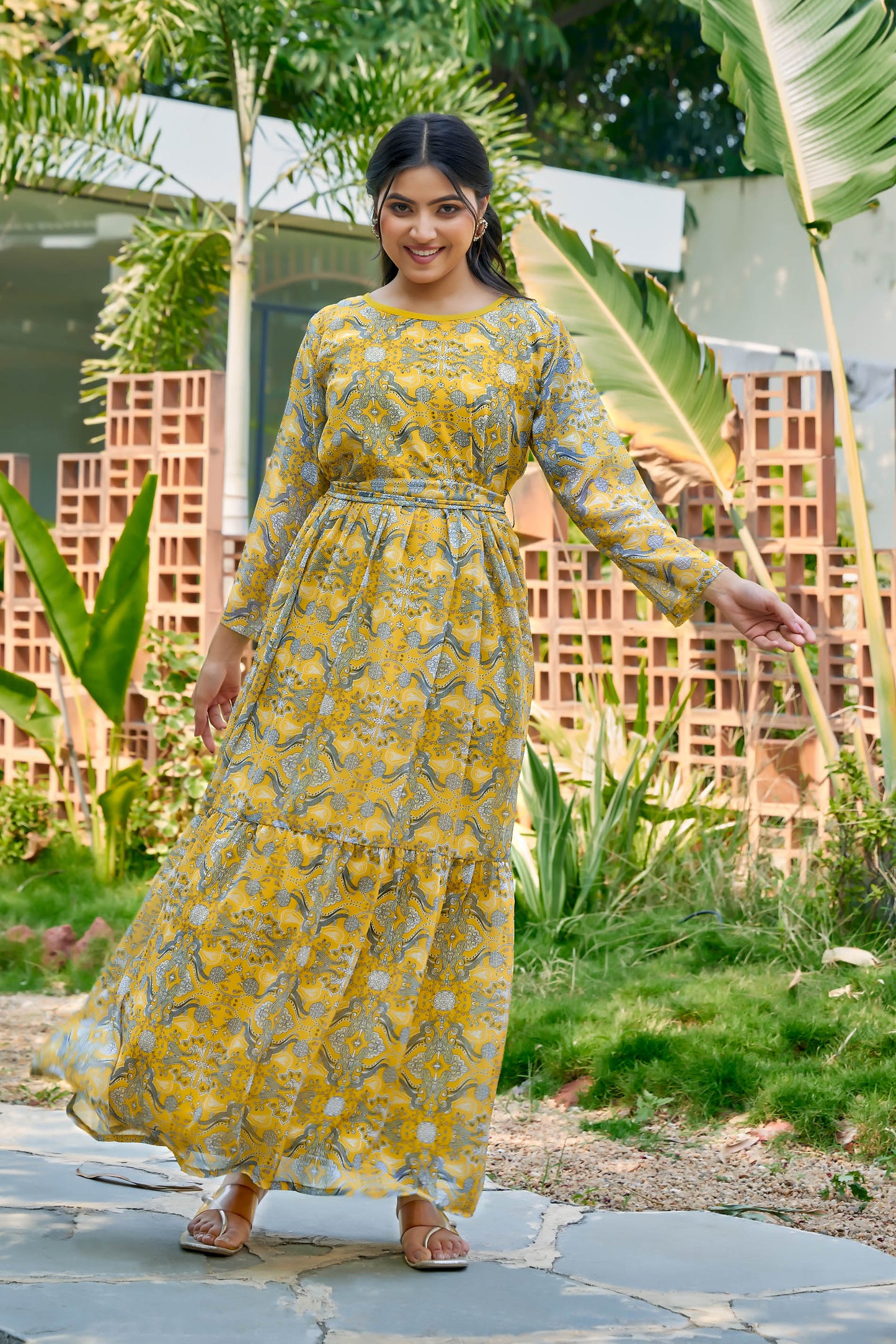 Women’s Yellow Printed Georgette A-Line Print Abaya with Waist Belt