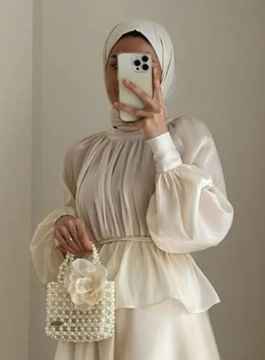 SARINKU Cream VISCOSE no transparency Umbrella Pattern Abstract Print Bishop Sleeves with Elastic Cuffs Puff Sleeve Pattern with Belt Back Zip Opening Without Dupatta