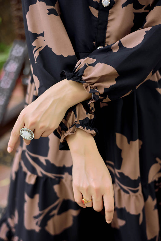 Black Floral Printed Long Maxi Dress for Women – Full Sleeve Stylish Ethnic Wear with Button Detail