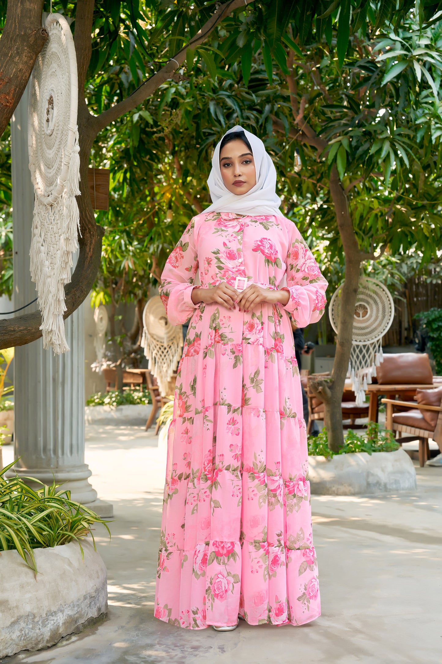 SARINKU Pink Georgette Fabric with crepe lining for no transparency shirt color with openable button Floral Print Shirt Style Cuffs Puff Sleeve Pattern with Belt Without Dupatta