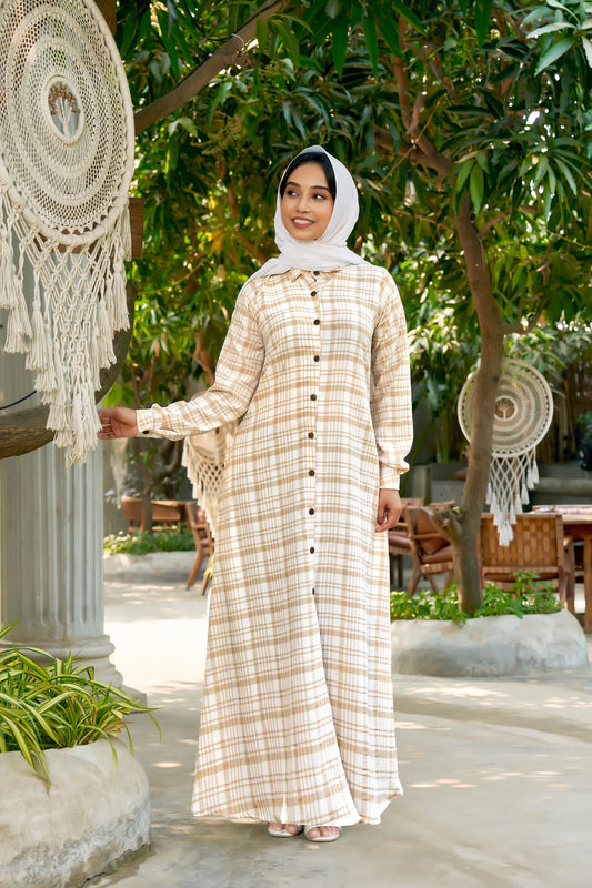 SARINKU Cream Cotton fabric no transparency Front Button Open Pattern Chex Print Shirt Style Cuffs Balloon Sleeve Pattern With Pocket Without Dupatta