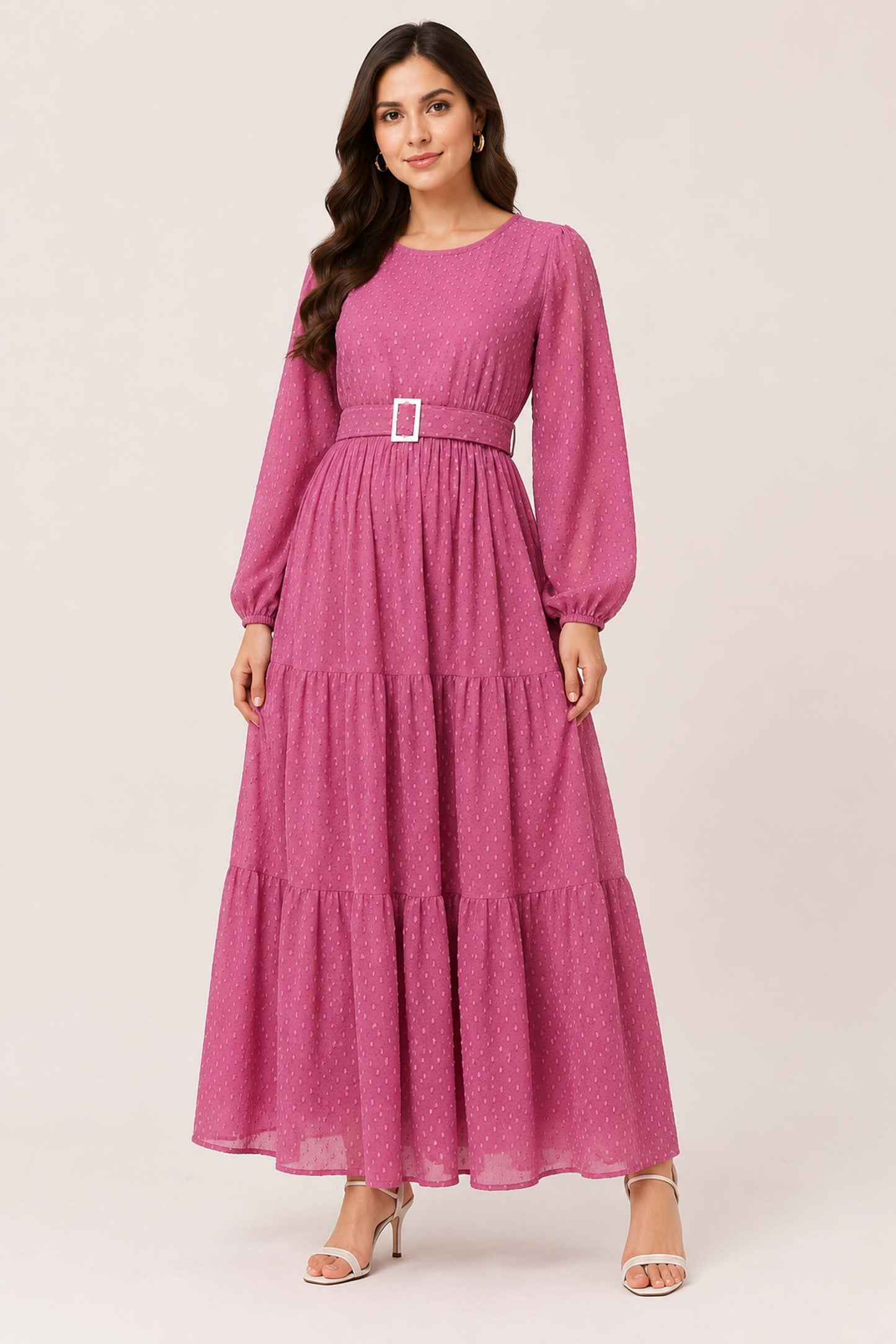 SARINKU Brown Georgette Fabric with crepe lining for no transparency Frill Pattern Bishop Sleeves with Elastic Cuffs Balloon Sleeve Pattern with Belt Without Dupatt