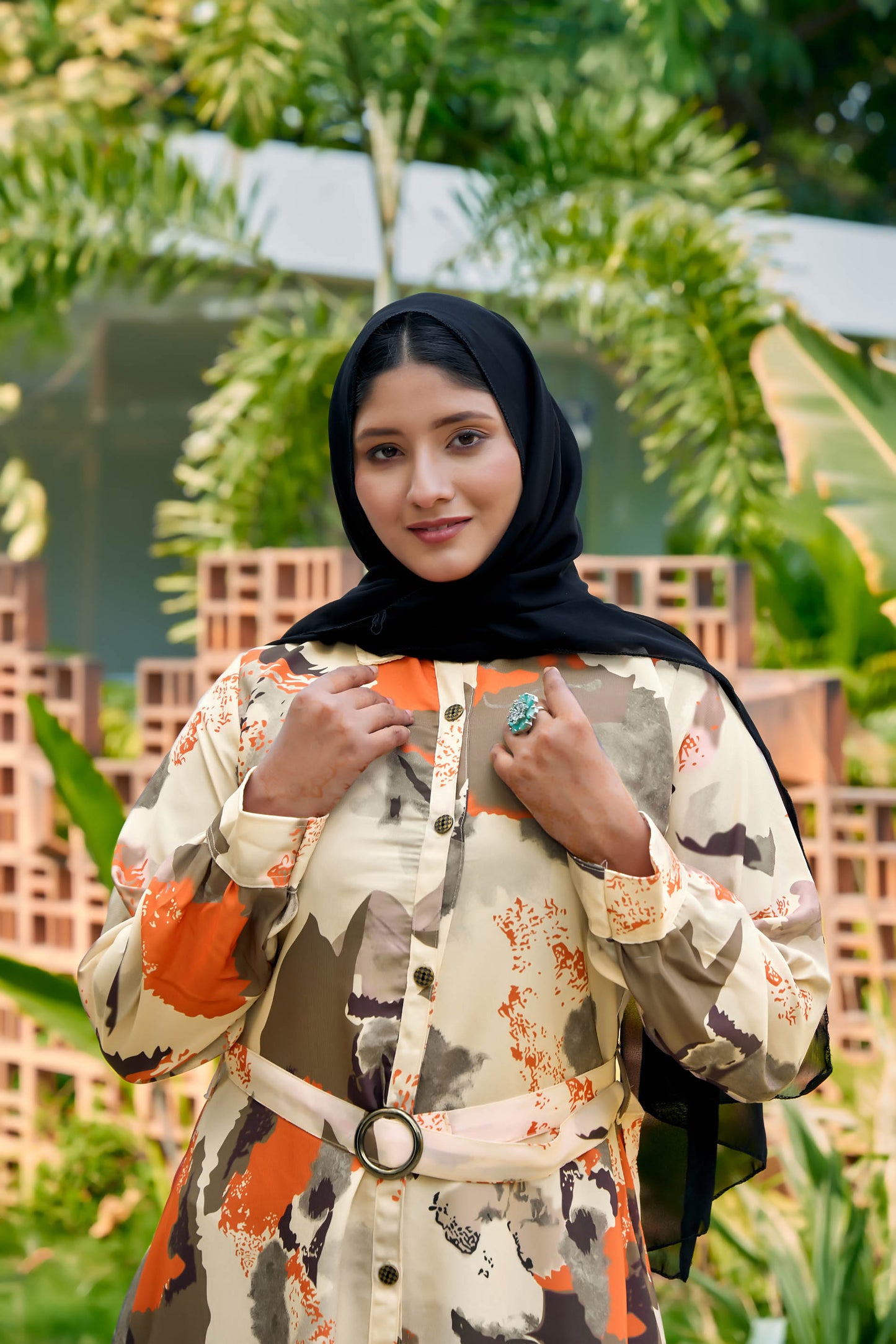 Nida fabric, no transparency, front button open pattern, abstract print, shirt style cuffs, regular sleeve pattern, with belt, front open buttons feeding friendly, without dupatta,s