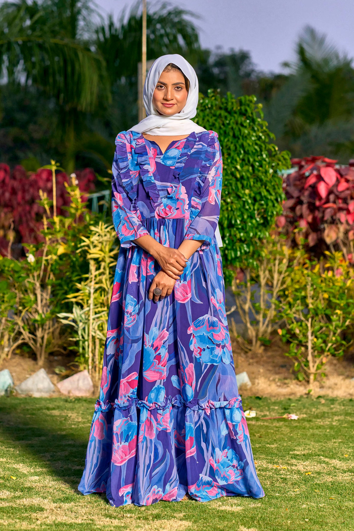 Georgette Fabric, with Crepe lining for no transparency, Gathering Pattern, Floral Print, Bishop Sleeves with Elastic Cuffs, Puff Sleeve Pattern, Without Dupatta,