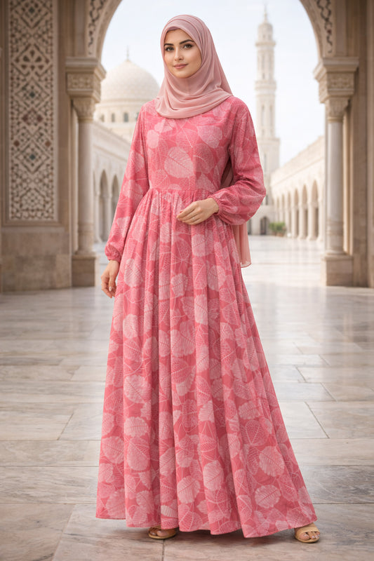 SARINKU PINK Georgette Fabric with crepe lining for no transparency Umbrella Pattern Floral Print Bishop Sleeves with Elastic Cuffs Puff Sleeve Pattern Without Belt Without Dupatta