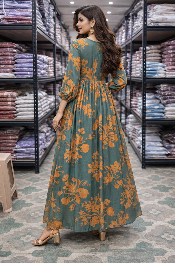 SARINKU Mehndi Orange Georgette Fabric with crepe lining for no transparency Umbrella Pattern Floral Print Bishop Sleeves with Elastic Cuffs Puff Sleeve Pattern Without Dupatta