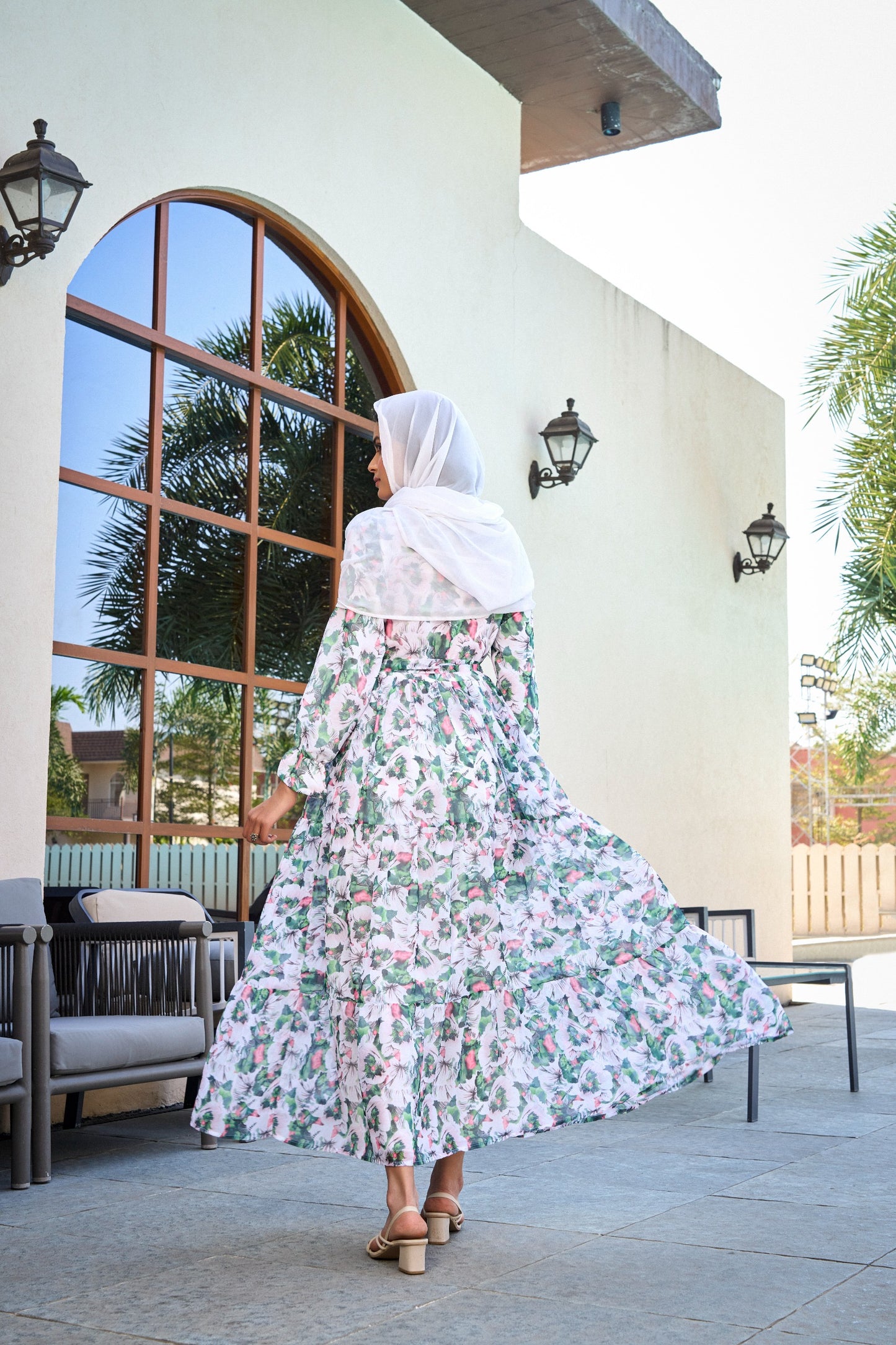 White Floral Print Maxi Dress with Waist Tie & Puff Sleeves