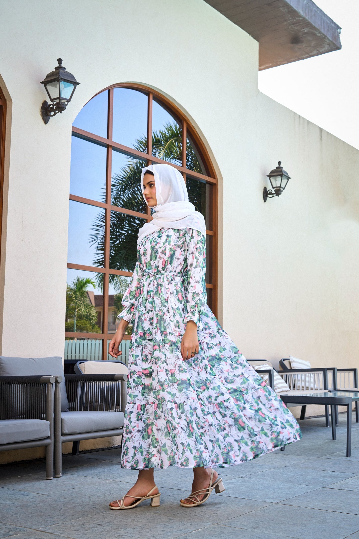 White Floral Print Maxi Dress with Waist Tie & Puff Sleeves