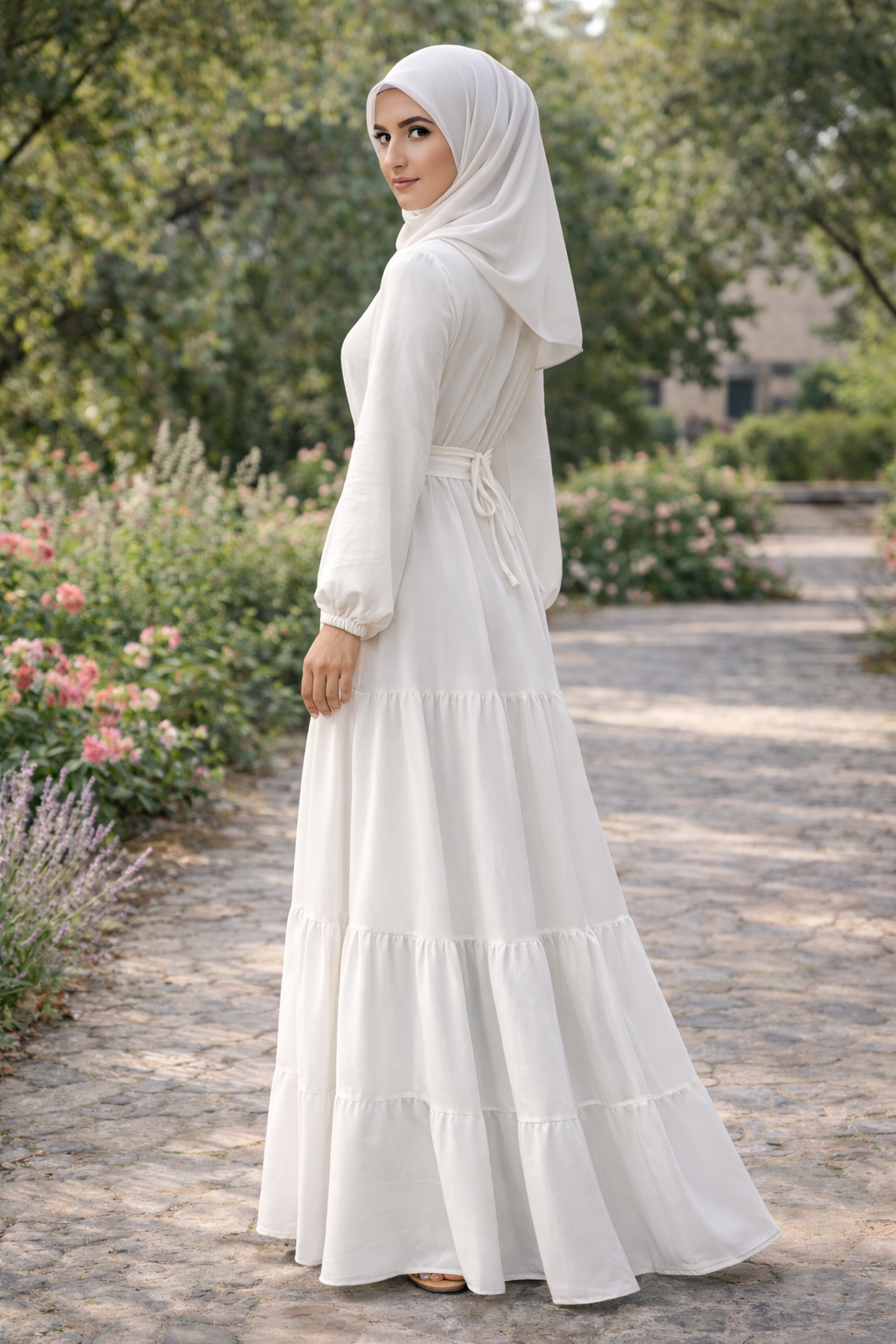 SARINKU WHITE&PINK CY crush fabric, with crepe lining for no transparency Umbrella Pattern Bishop Sleeves with Elastic Cuffs Puff Sleeve Pattern Without Belt Without Dupatta