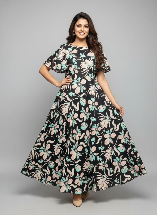 SARINKU Black Cotton fabric no transparency Umbrella Pattern Floral Print flutter sleeve