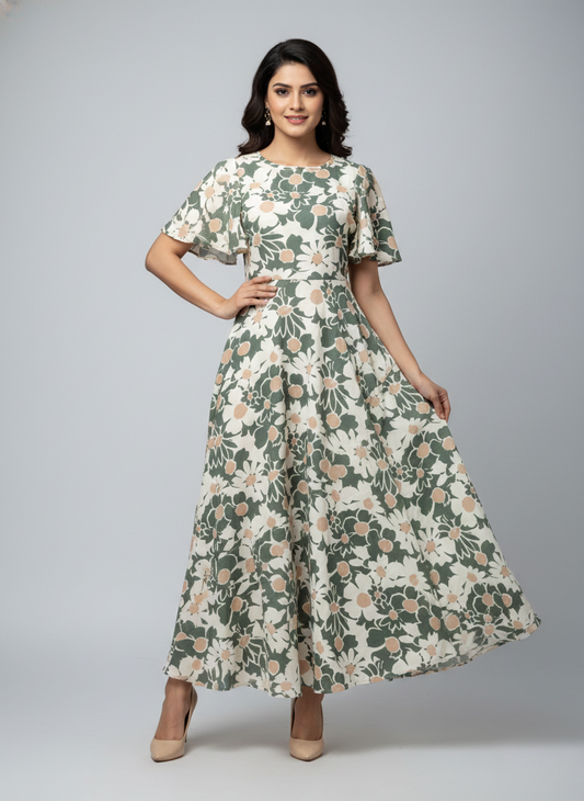 SARINKU MEHANDI Cotton fabric no transparency Umbrella Pattern Floral Print flutter sleeve