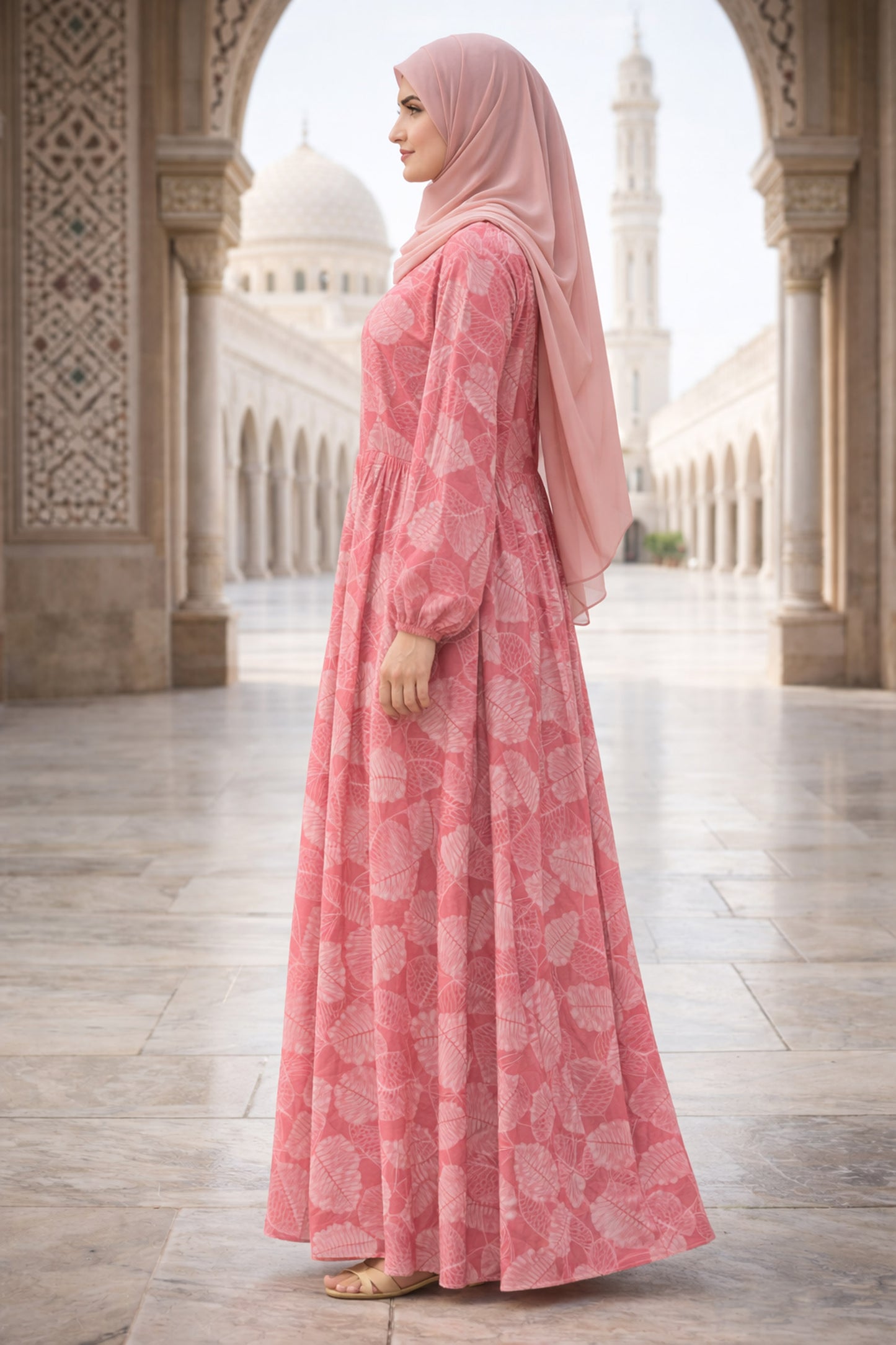 SARINKU PINK Georgette Fabric with crepe lining for no transparency Umbrella Pattern Floral Print Bishop Sleeves with Elastic Cuffs Puff Sleeve Pattern Without Belt Without Dupatta