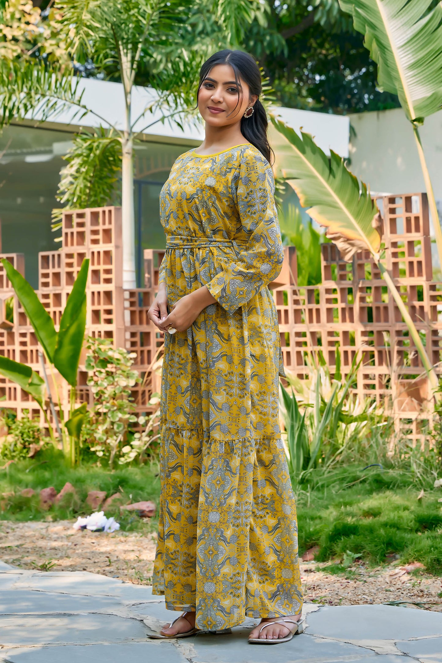 Women’s Yellow Printed Georgette A-Line Print Abaya with Waist Belt