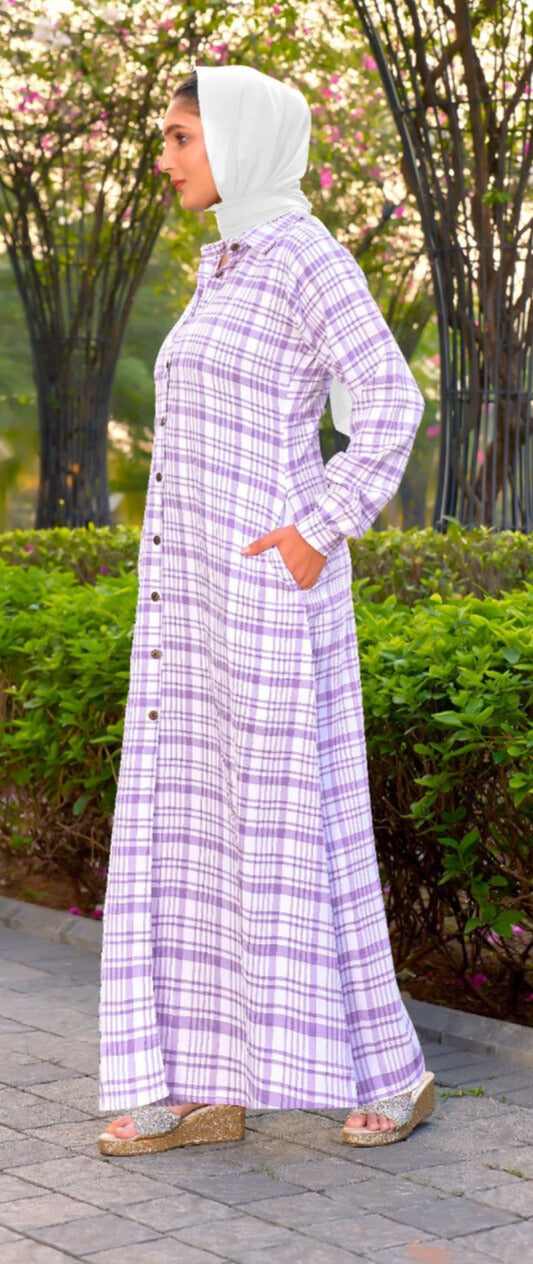 SARINKU Purple Cotton fabric no transparency Front Button Open Pattern Chex Print Shirt Style Cuffs Balloon Sleeve Pattern With Pocket Without Dupatta