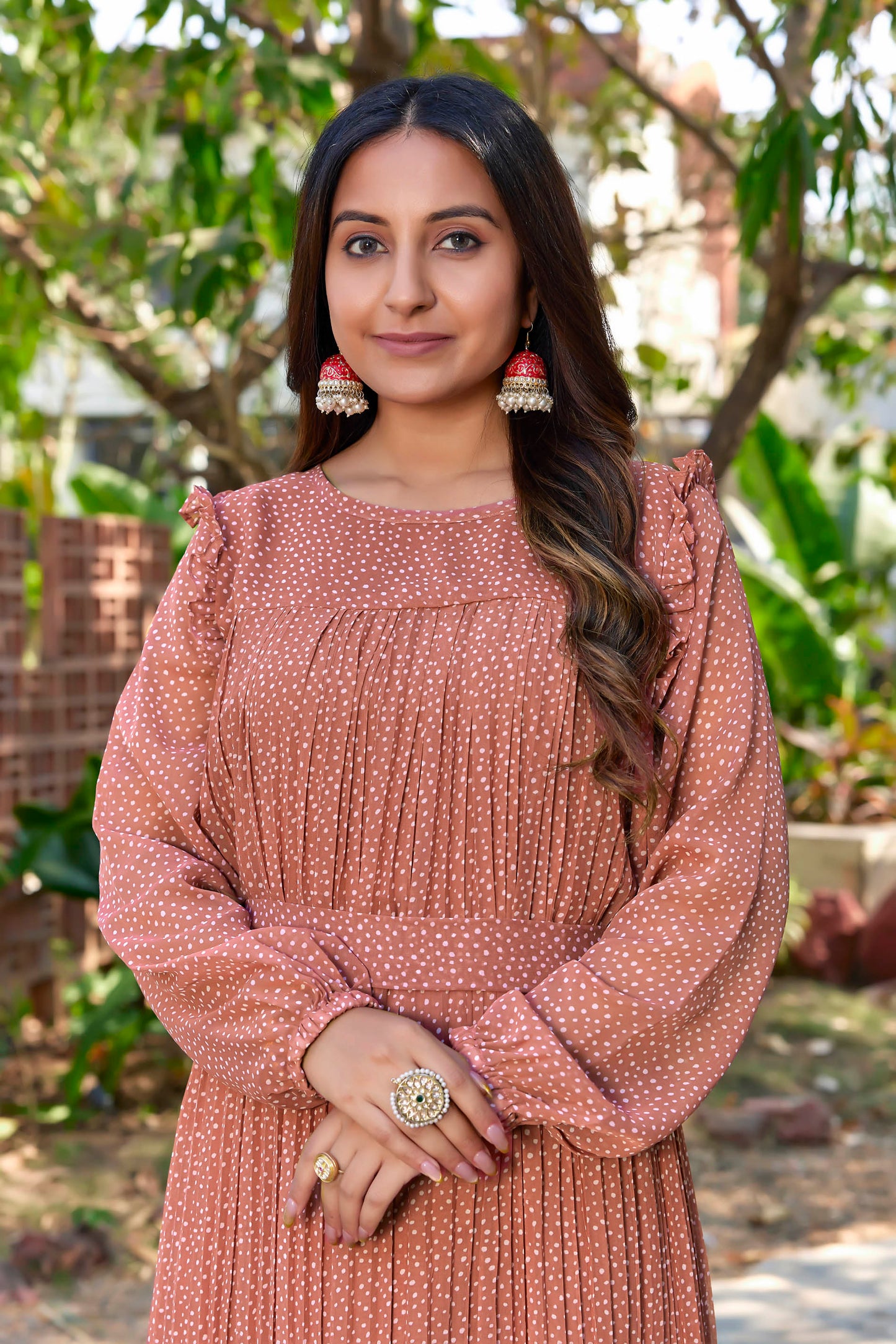 Sarinku Rust Peach Georgette Fabric with Crepe lining for no transparency Frill Pattern Polka Dots Print Bishop Sleeves with Elastic Cuffs Balloon Sleeve Pattern with Belt Without Dupatta