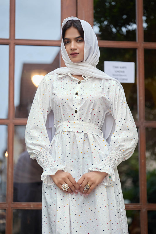 White Polka Dot Long Maxi Dress for Women – Full Sleeve Modest Ethnic Wear with Belted Waist & Button Detail