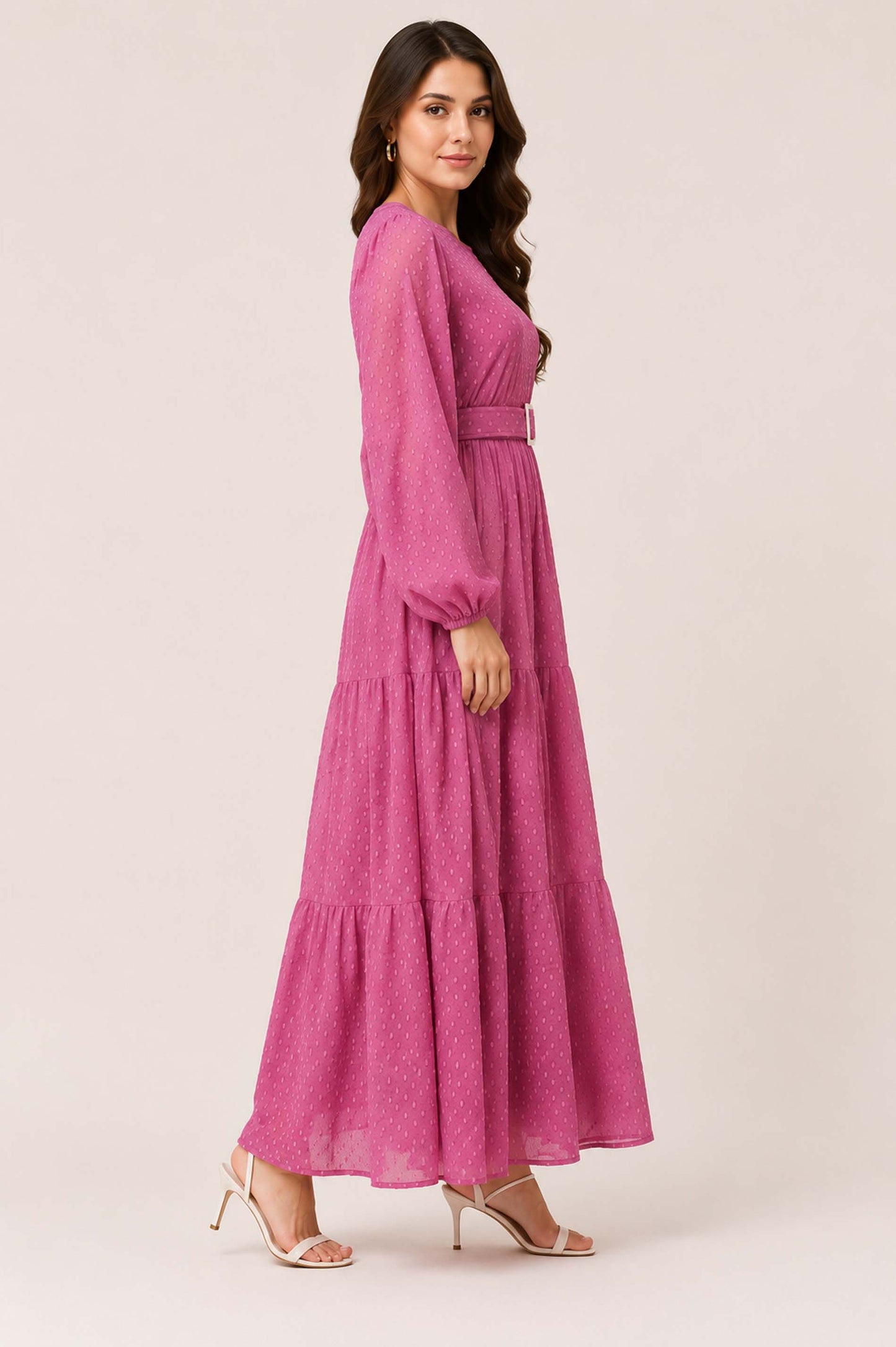 SARINKU Brown Georgette Fabric with crepe lining for no transparency Frill Pattern Bishop Sleeves with Elastic Cuffs Balloon Sleeve Pattern with Belt Without Dupatt