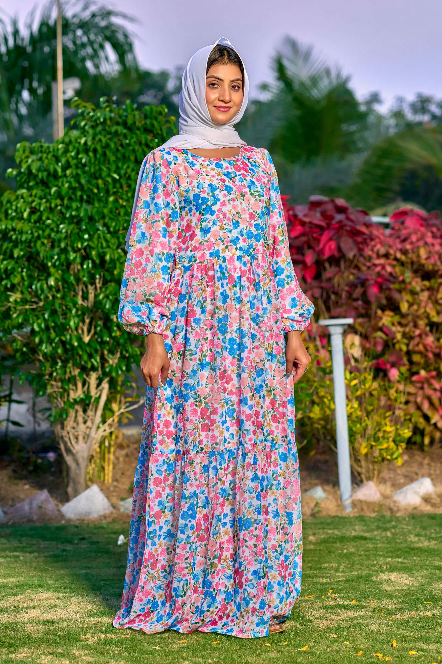 Georgette Fabric, with crape lining for no transparency, Frill Pattern, Floral Print, Bishop Sleeves with Elastic Cuffs, Puff Sleeve Pattern, Without Dupatta,