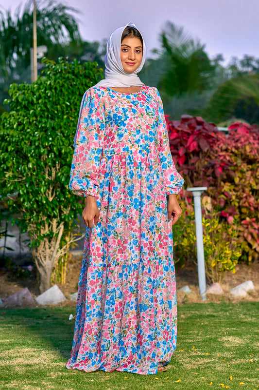 Georgette Fabric, with crape lining for no transparency, Frill Pattern, Floral Print, Bishop Sleeves with Elastic Cuffs, Puff Sleeve Pattern, Without Dupatta,