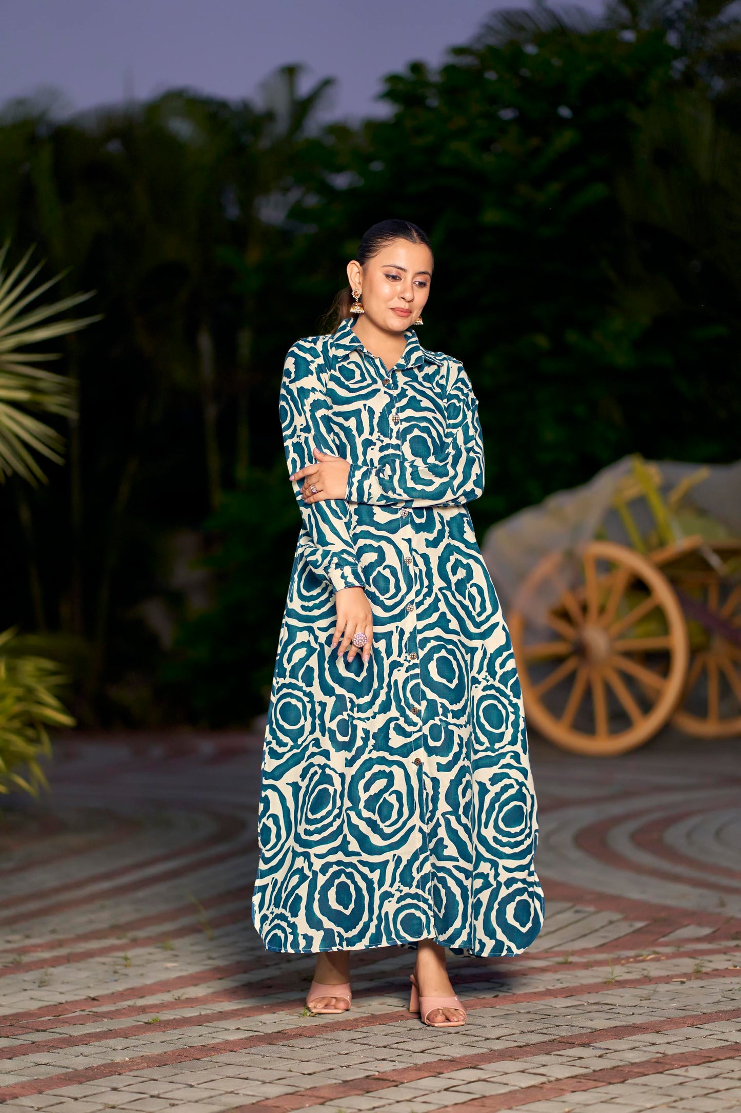 Women’s Abstract Printed Maxi Dress with Pocket & Front Buttons