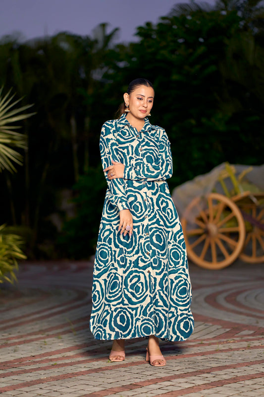 Women’s Abstract Printed Maxi Dress with Pocket & Front Buttons