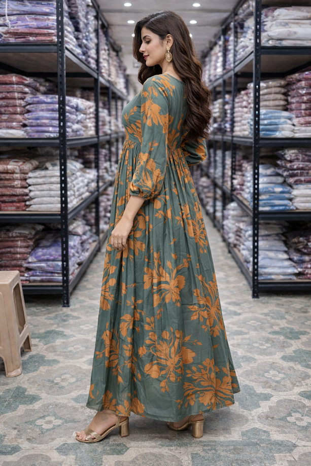 SARINKU Mehndi Orange Georgette Fabric with crepe lining for no transparency Umbrella Pattern Floral Print Bishop Sleeves with Elastic Cuffs Puff Sleeve Pattern Without Dupatta