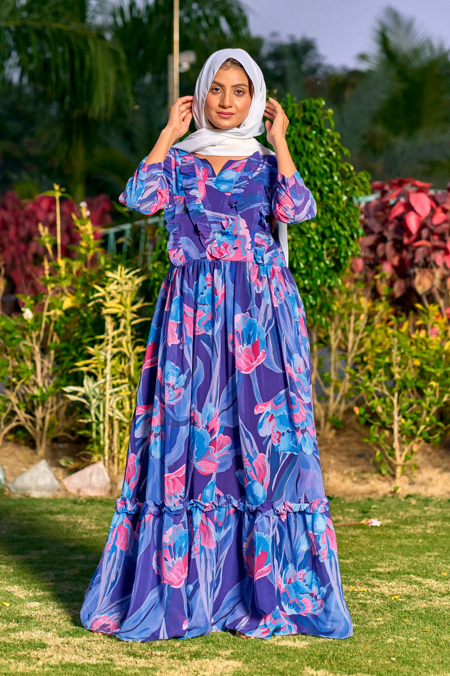 Georgette Fabric, with Crepe lining for no transparency, Gathering Pattern, Floral Print, Bishop Sleeves with Elastic Cuffs, Puff Sleeve Pattern, Without Dupatta,