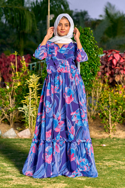 Georgette Fabric, with Crepe lining for no transparency, Gathering Pattern, Floral Print, Bishop Sleeves with Elastic Cuffs, Puff Sleeve Pattern, Without Dupatta,