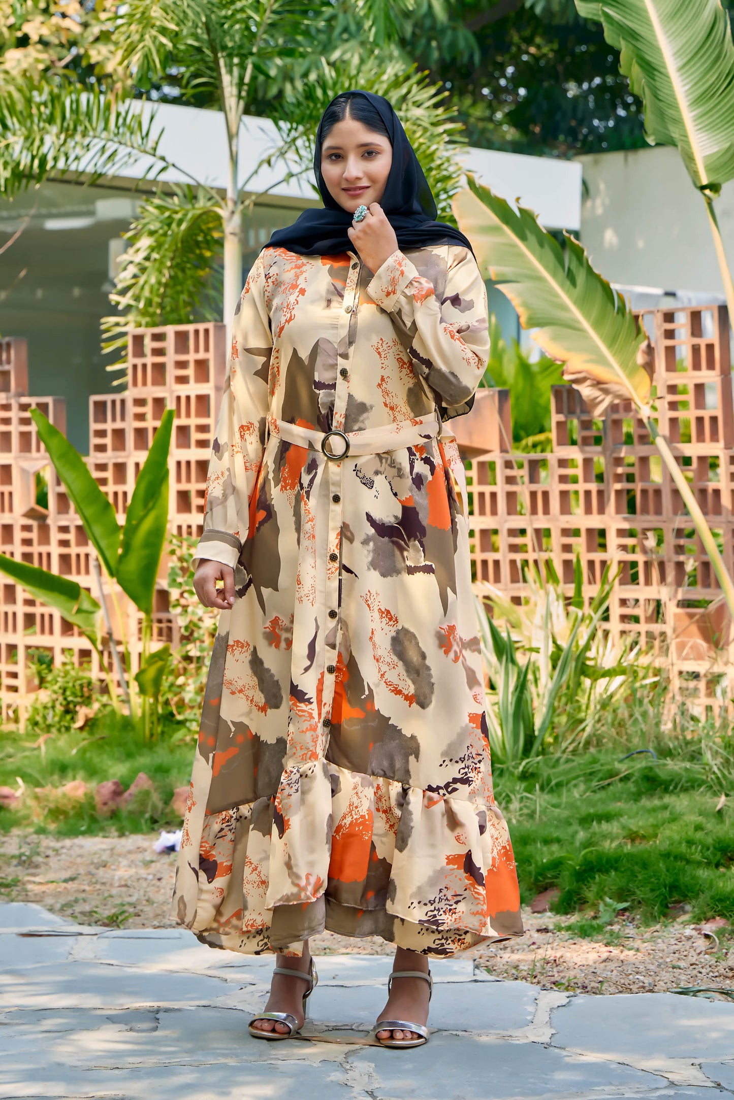 Nida fabric, no transparency, front button open pattern, abstract print, shirt style cuffs, regular sleeve pattern, with belt, front open buttons feeding friendly, without dupatta,s