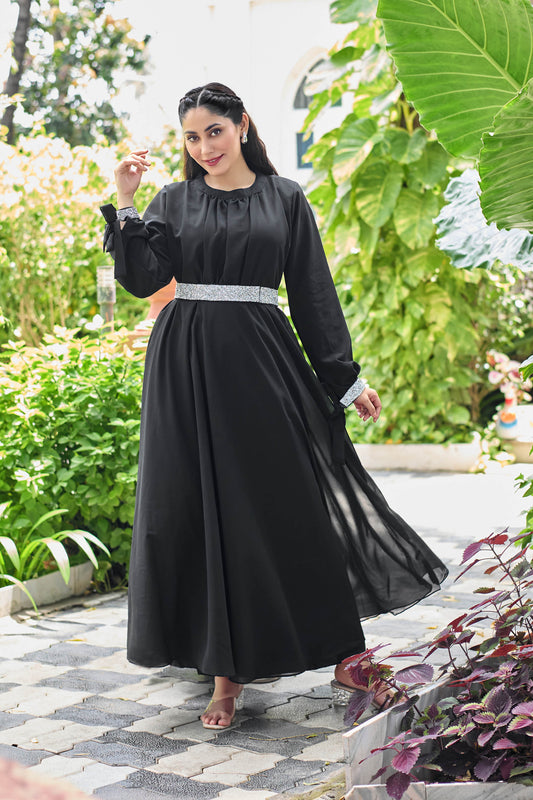 Black Elegant Abaya Dress for Women – Full Sleeve Modest Ethnic Wear with Silver Belt & Cuff Detailing