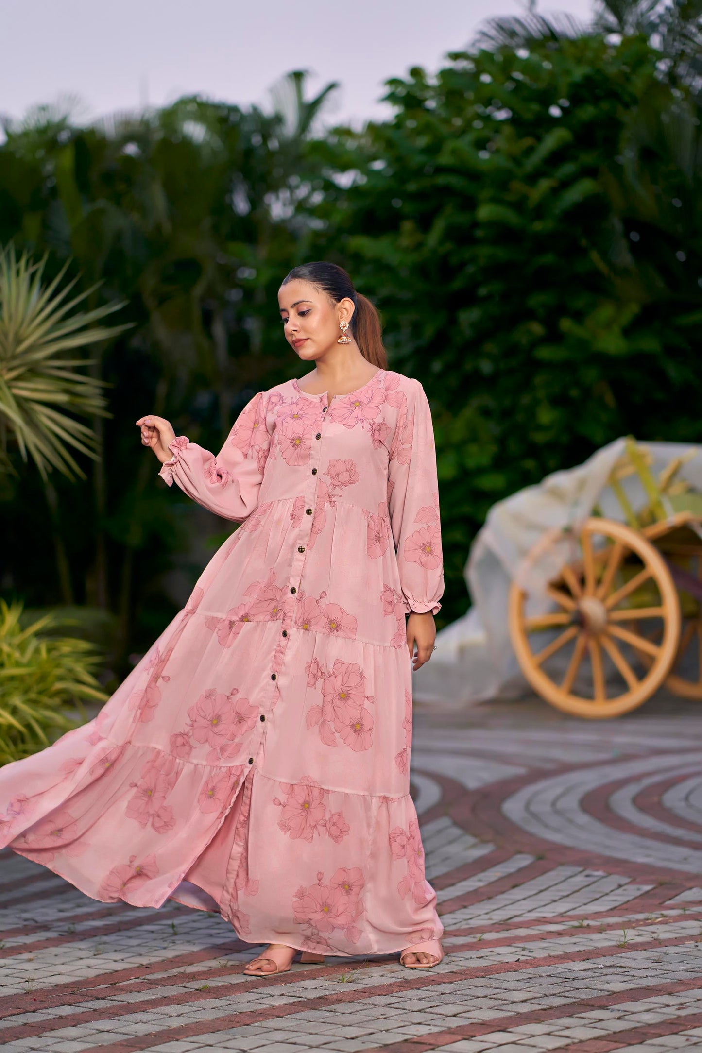 Women’s Pink Floral Printed Georgette Maxi Dress with Front Buttons