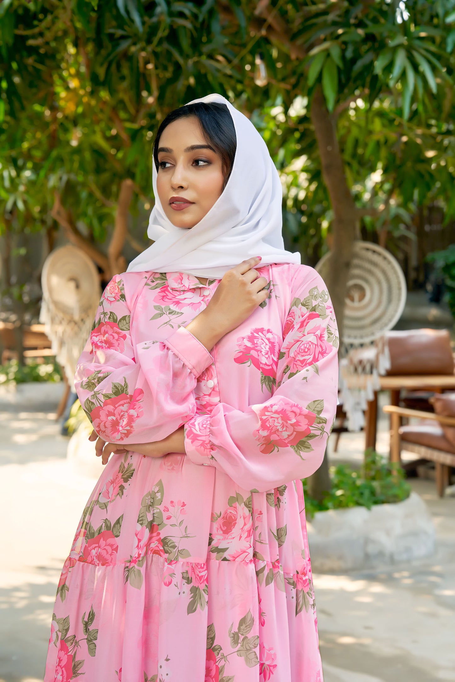 SARINKU Pink Georgette Fabric with crepe lining for no transparency shirt color with openable button Floral Print Shirt Style Cuffs Puff Sleeve Pattern with Belt Without Dupatta
